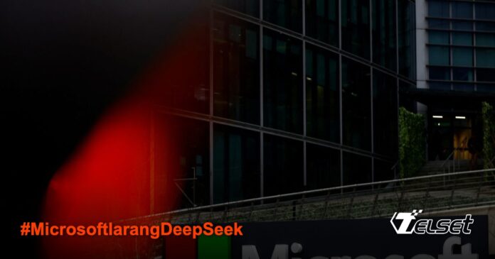 Ilustrasi logo Microsoft dan DeepSeek AI dengan tanda larangan