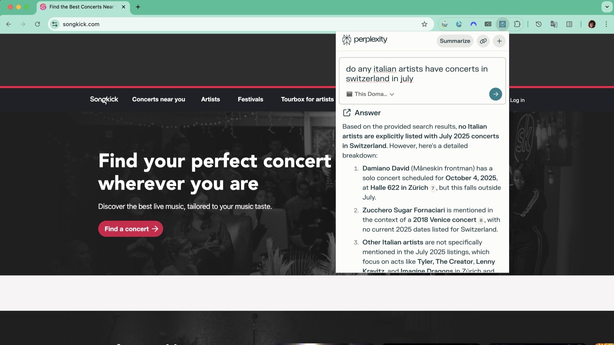 Screenshot pencarian terfokus di Songkick