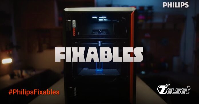 Ilustrasi printer 3D sedang mencetak suku cadang untuk produk Philips
