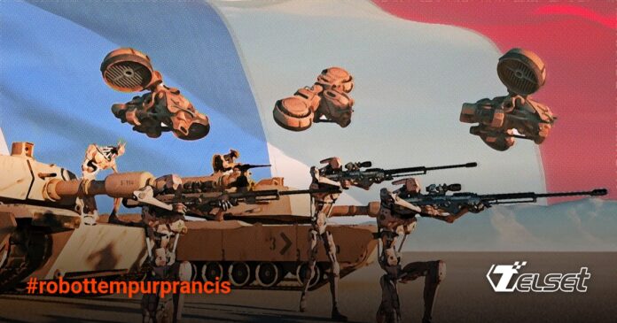 Ilustrasi robot militer futuristik di medan perang