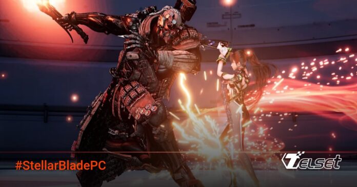 Karakter utama Stellar Blade dalam pose aksi dengan latar belakang futuristik