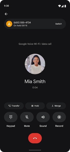 Screenshot of the new in-call UI for Google Voice