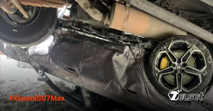 Xiaomi SU7 Max berwarna ungu yang hancur setelah tertimpa truk
