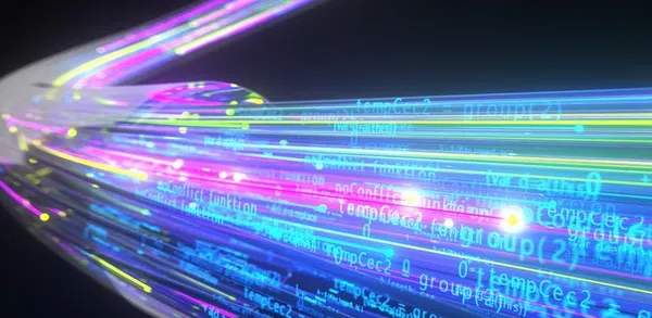 Ilustrasi aliran data melalui kabel serat optik dengan kecepatan tinggi