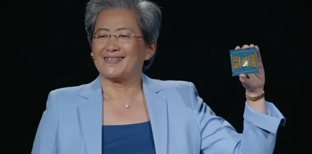 Potret resmi Lisa Su CEO AMD dengan latar belakang logo perusahaan