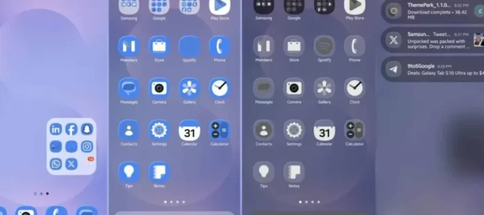 Tampilan efek Glass UI pada ikon aplikasi Samsung di layar ponsel