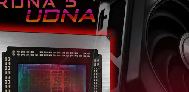 Close-up of RDNA 5 UDNA graphics card with chip detail and cooling fan