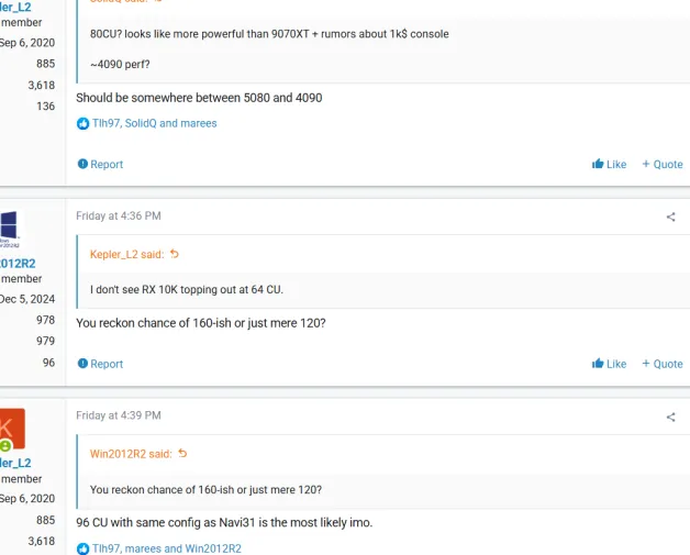 Forum discussion about upcoming graphics card specs, focusing on CUs and performance.