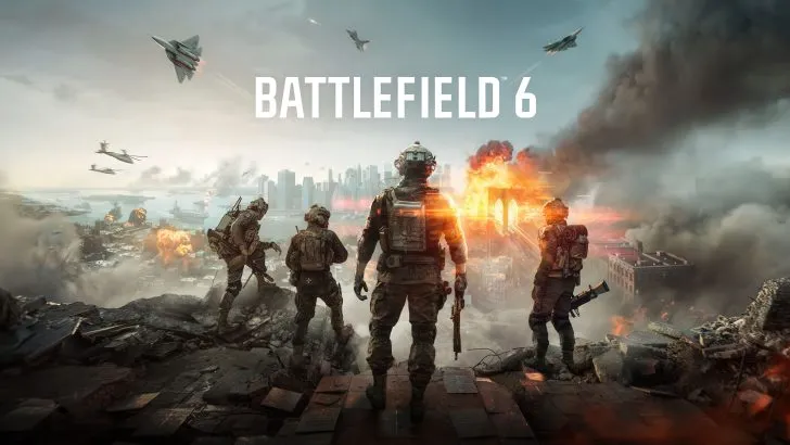 Epic Battlefield 6 scene with soldiers, explosions, and jets over a city skyline engulfed in smoke.
