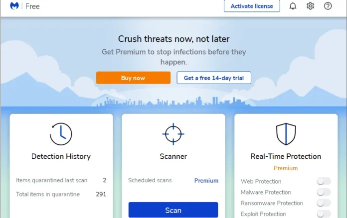 Screenshot antarmuka Malwarebytes Free scanner di Windows 10