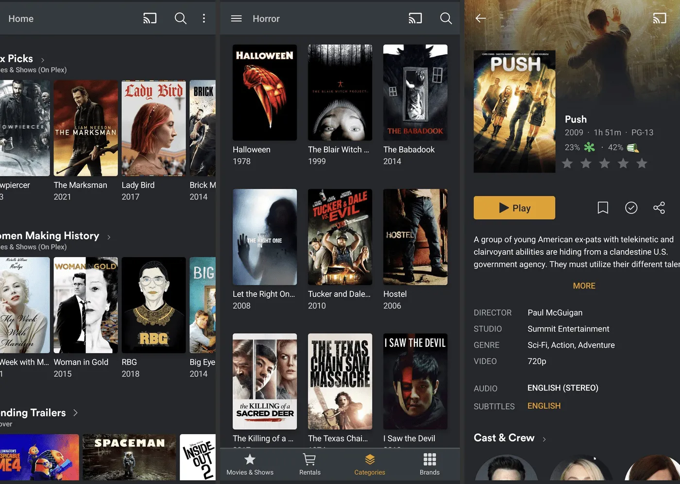 A list of free movies in the Plex Android app