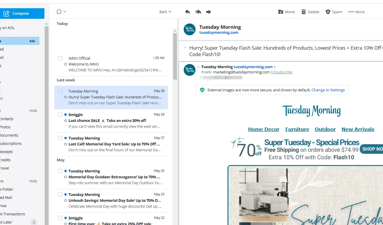 AOL Mail inbox