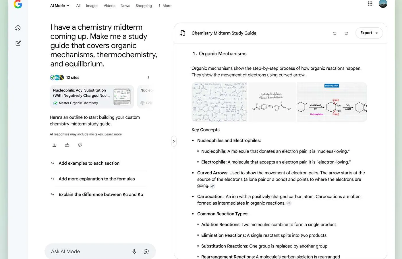 A screenshot of a Google search displaying a study guide generated for a chemistry midterm featuring AI assistance