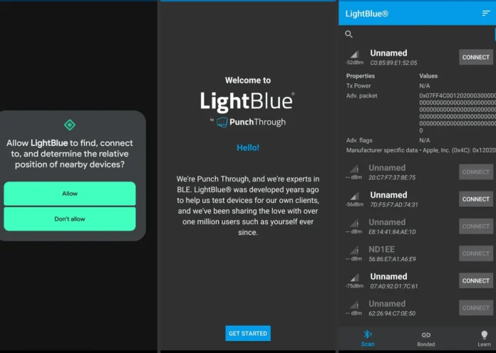 Tampilan aplikasi LightBlue sedang memindai perangkat Bluetooth di sekitarnya