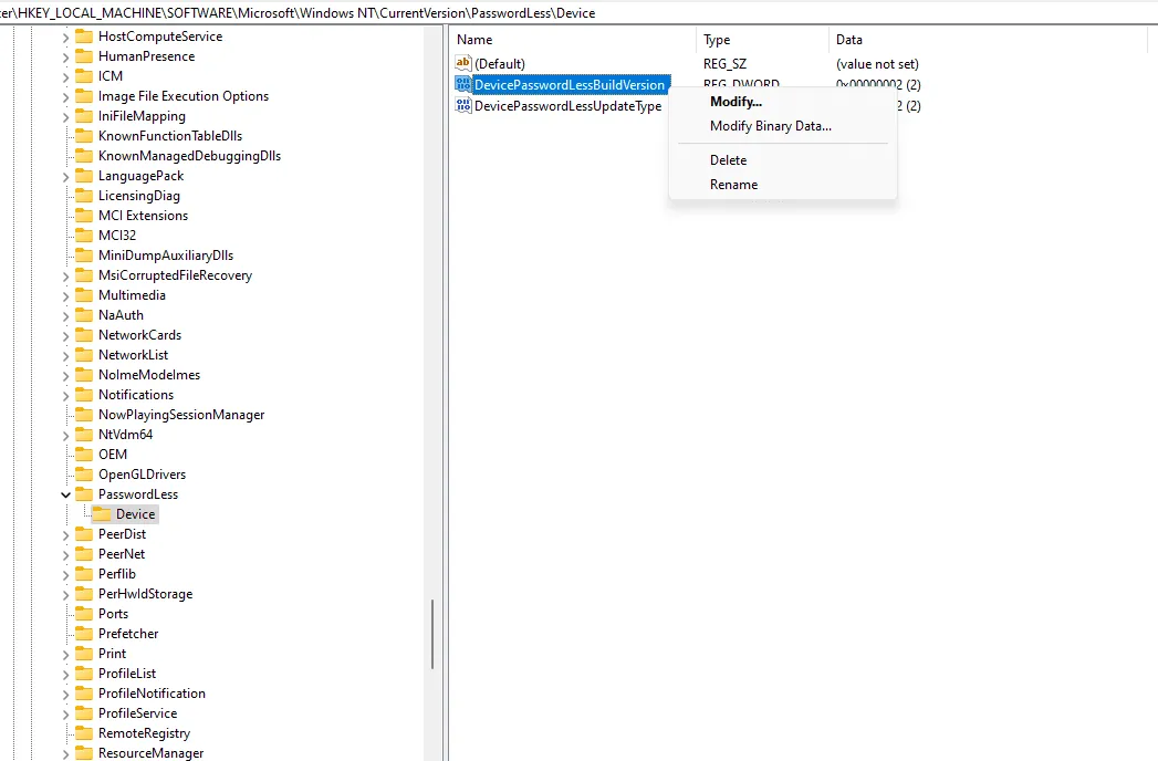 The DevicePasswordLessBuildVersion value highlighted in the Windows 11 registry editor