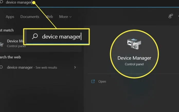 Windows Start menu dengan Device Manager yang disorot dalam hasil pencarian