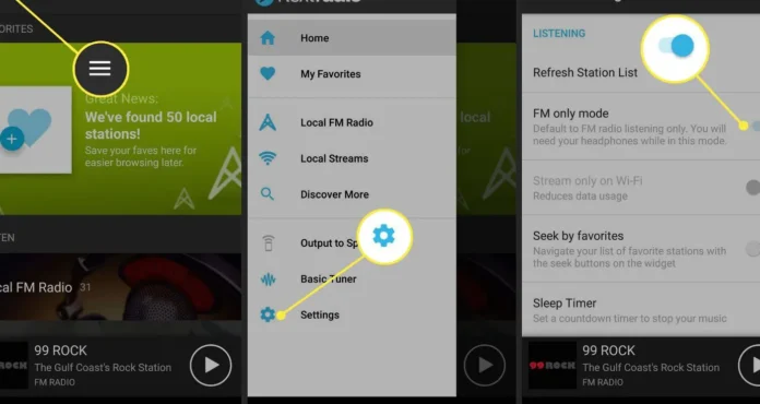 Seseorang sedang menggunakan aplikasi NextRadio untuk mendengarkan radio FM di smartphone