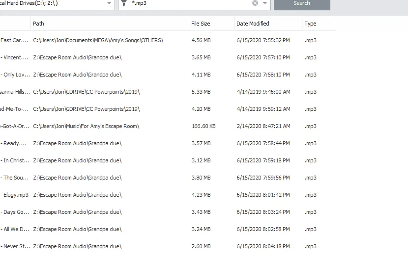 Wise JetSearch list of MP3s in Windows 10