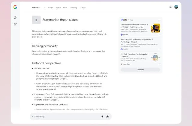 Antarmuka Google AI Mode dengan fitur analisis gambar