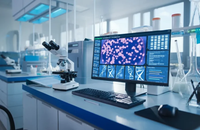 Ilustrasi laboratorium dengan AI dan mikroskop digital