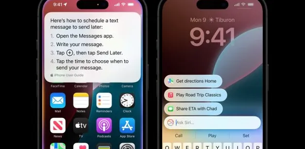Markas besar Apple dengan grafis konsep AI yang merepresentasikan tim AKI dan pengembangan pencarian ala ChatGPT
