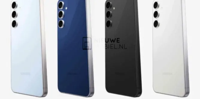 Ilustrasi Samsung Galaxy S25 FE dalam warna biru muda dan biru gelap