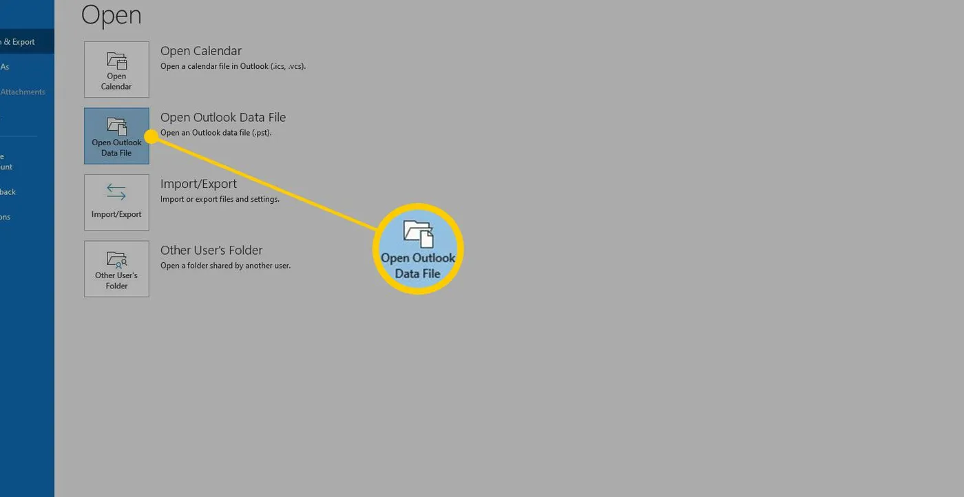 Open Outlook Data File option in Outlook