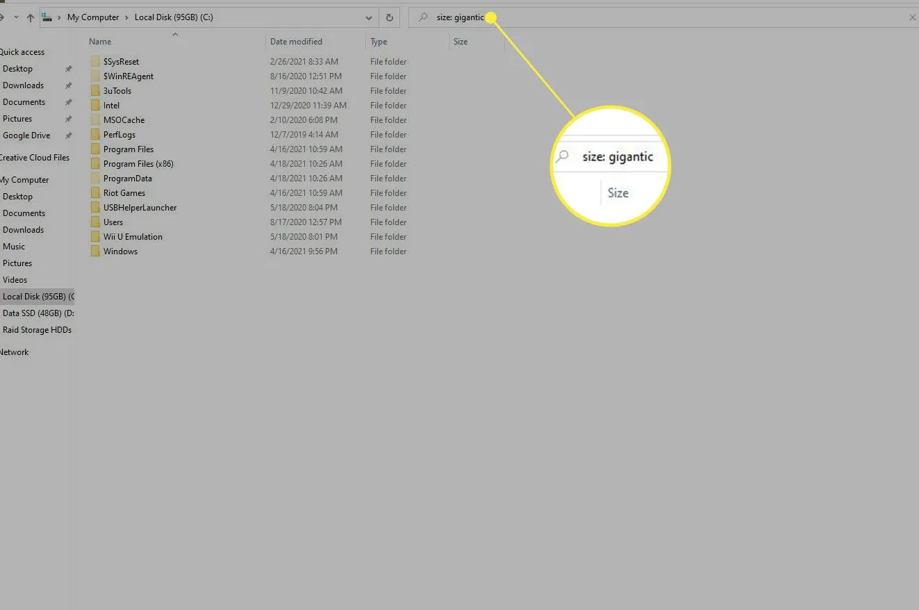 Windows 10 large file search with Size: Gigantic highlighted