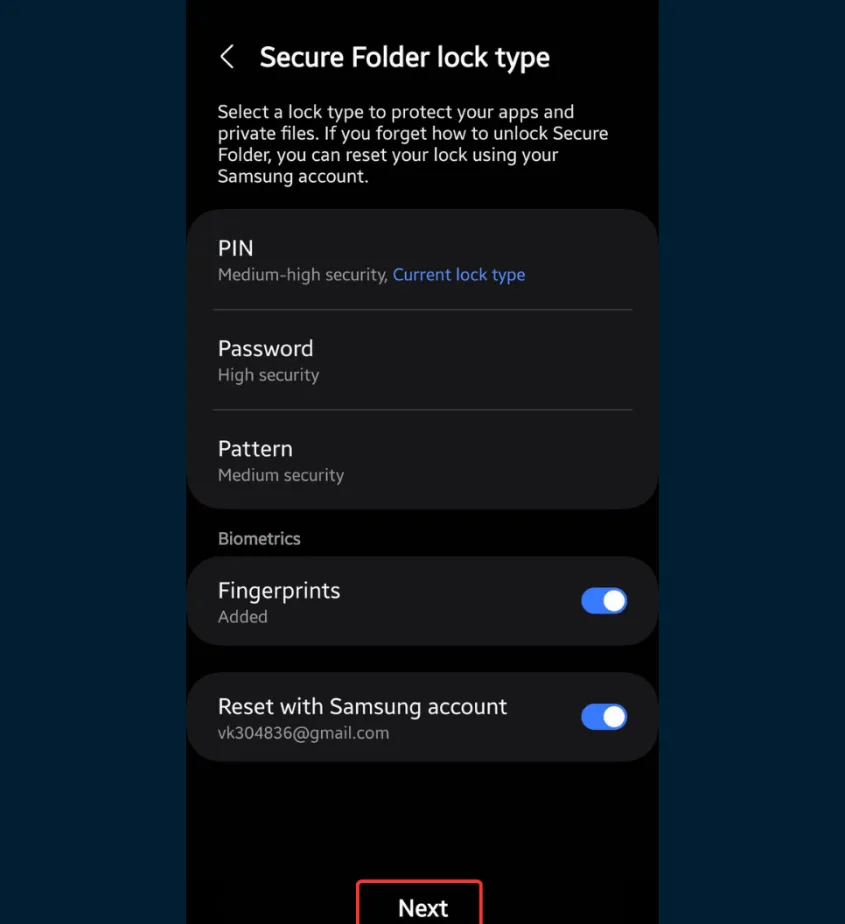 Setting password for Secure Folder