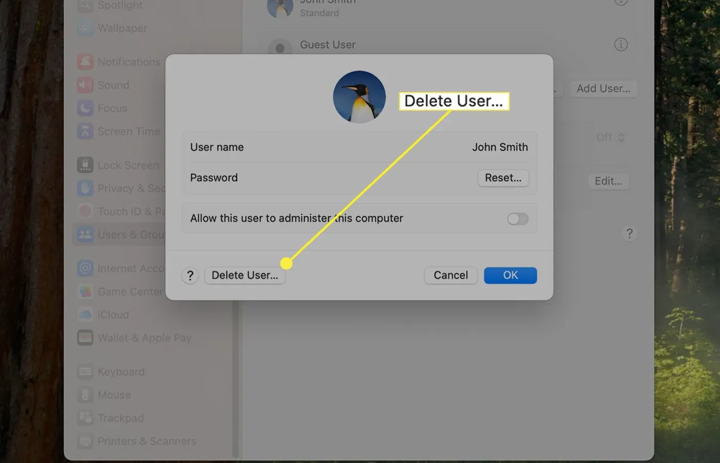 Mac user account deletion dialog with highlighted delete user option