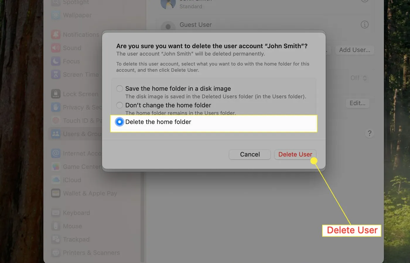 Delete user account dialog box on macOS with Delete the home folder option selected