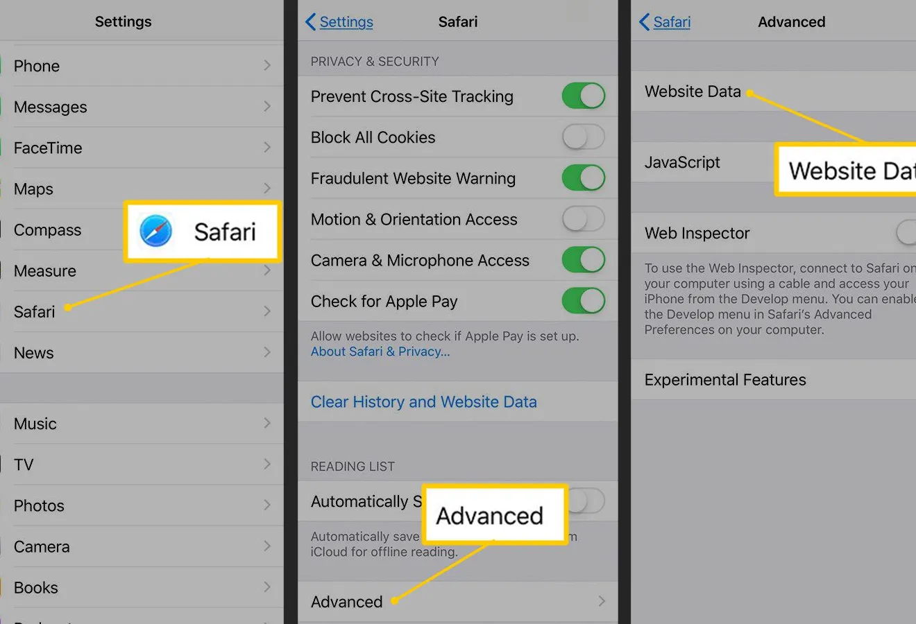 Safari, Advanced, Website Data buttons in iOS Settings app
