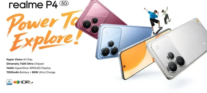 Realme P4 5G smartphone dengan desain Metal Heart dan tiga pilihan warna