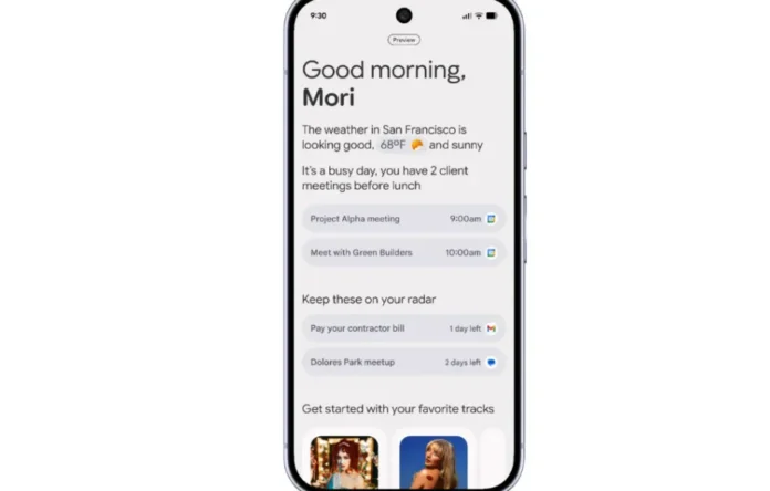 Tampilan antarmuka Daily Hub pada Google Pixel 10 dengan widget personalisasi