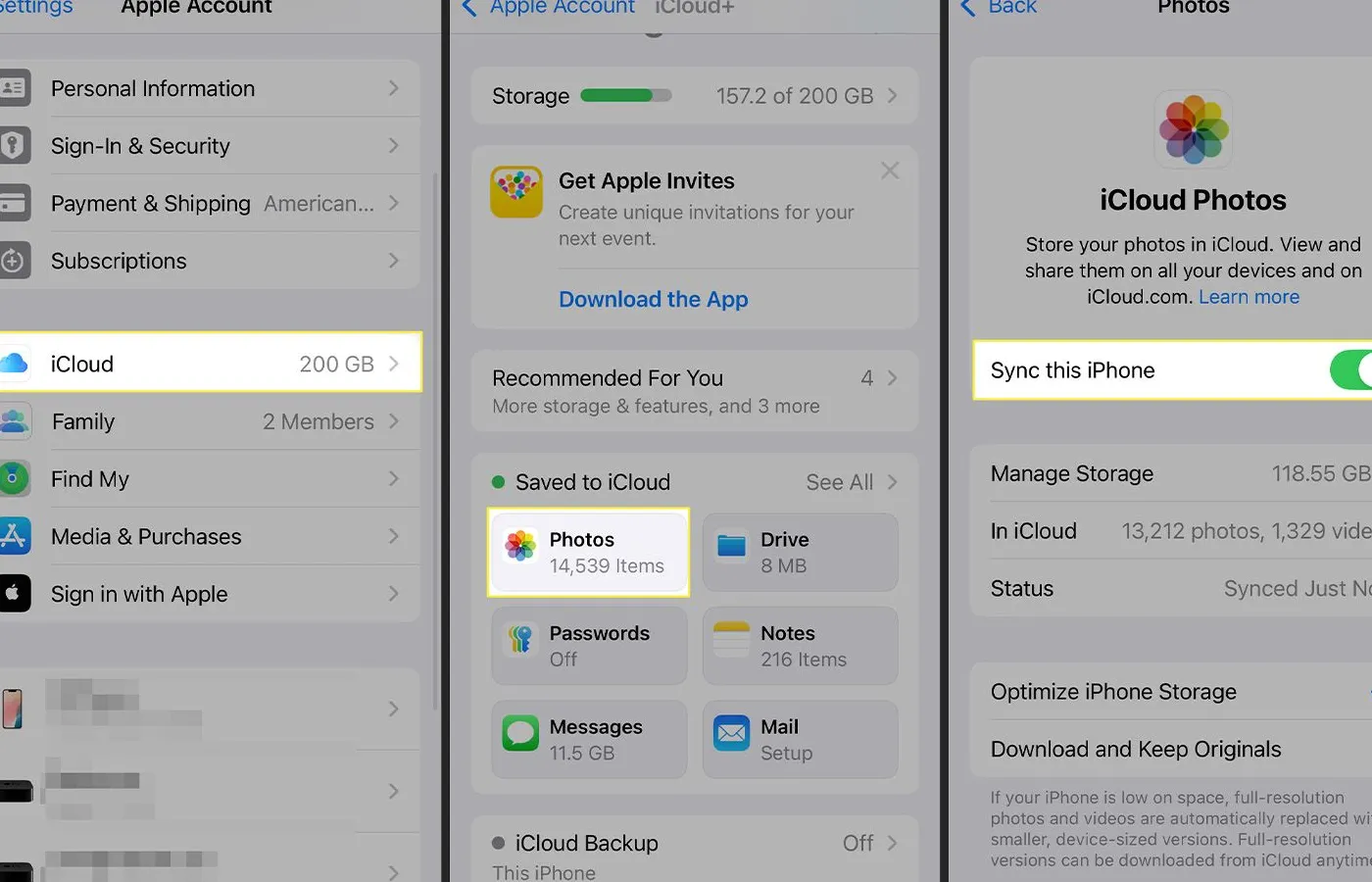 Steps on an iPhone showing how to sync photos with iCloud in Settings