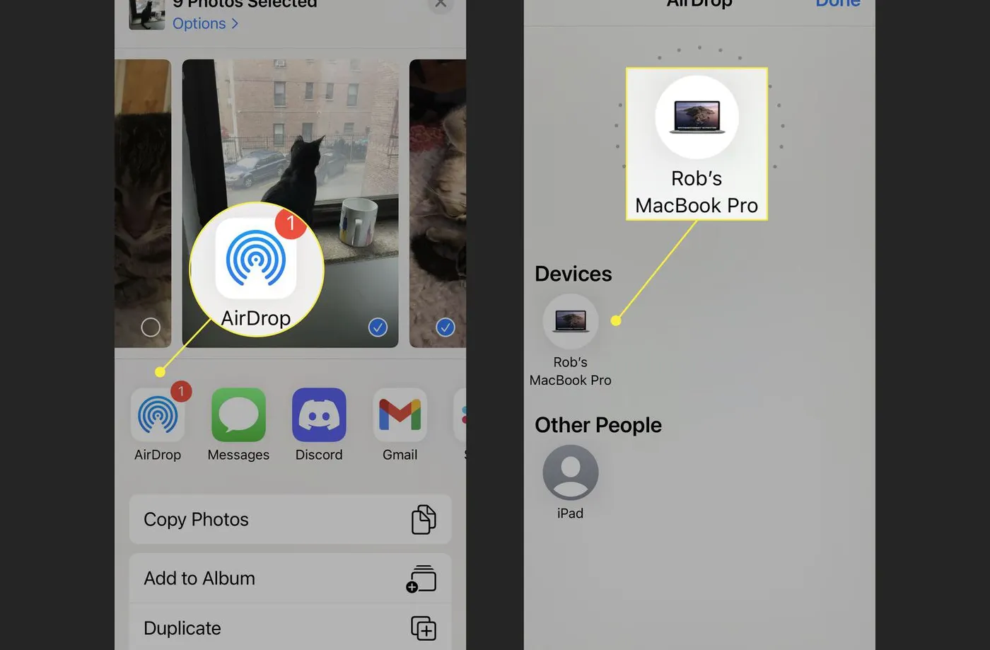 AirDrop in action sending photos from the Photos app on an iPhone