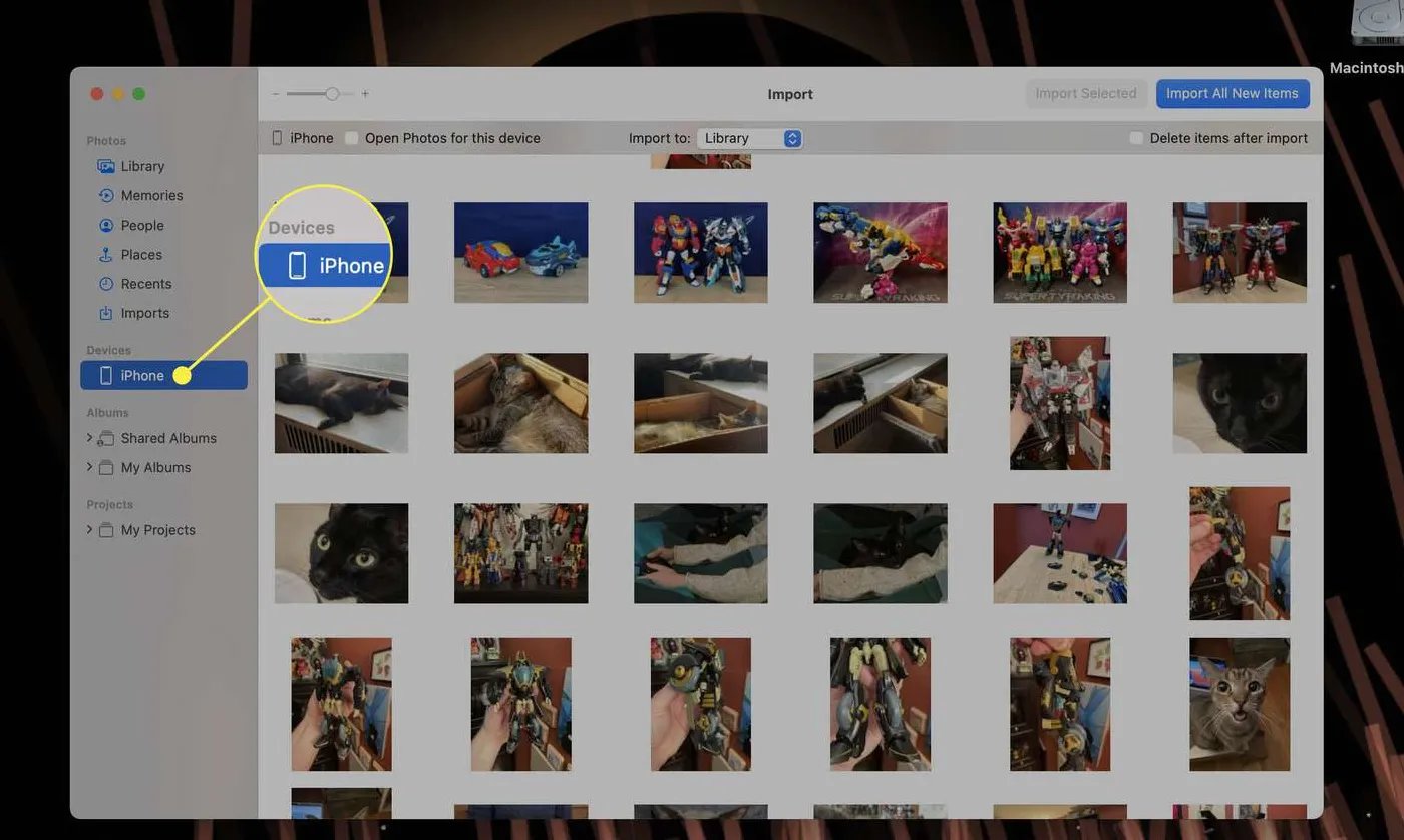 Where to find your connected iPhone in the Photos app on a Mac