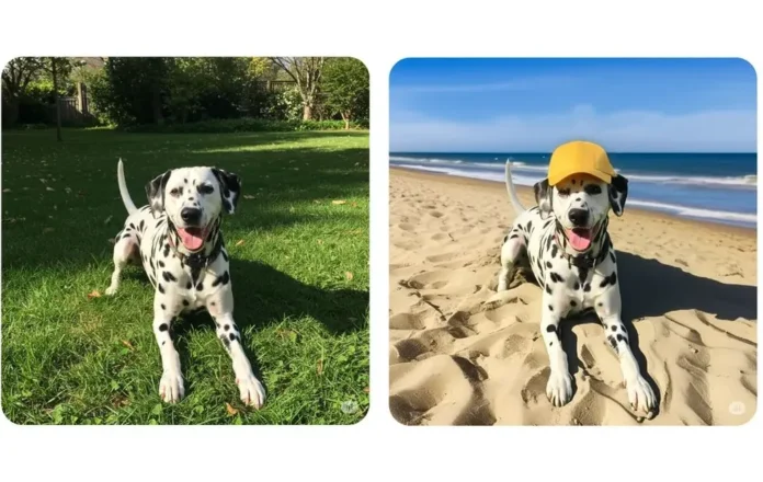Perbandingan gambar Dalmatian di rumput dan pantai memakai topi dengan latar belakang berbeda