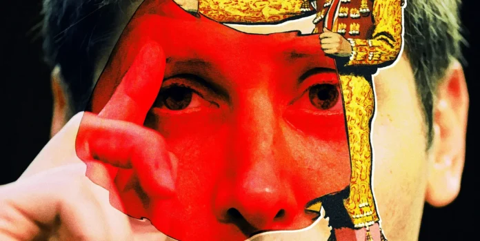 Ilustrasi paranoia OpenAI dengan latar belakang teknologi AI dan dokumen hukum