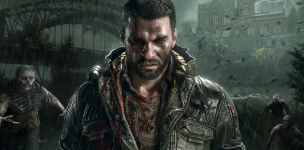 Dying Light: The Beast - Kyle Crane berjaket berlumuran darah berdiri di tengah hujan dikelilingi zombie di setting pasca-apokaliptik