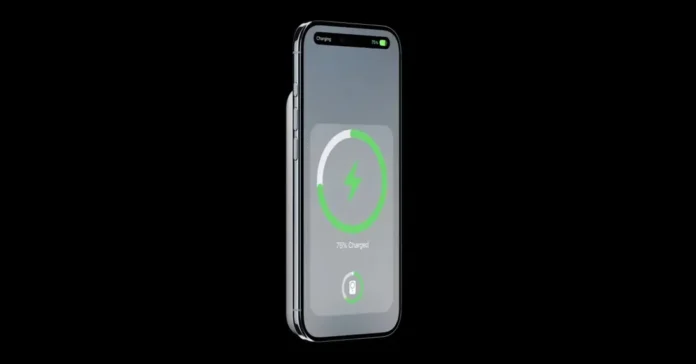 iPhone Air dan MagSafe Power Bank baru menempel di bagian belakang, dengan latar belakang hitam.
