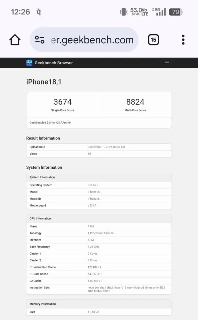 Grafik perbandingan skor Geekbench iPhone 17 vs iPhone 16