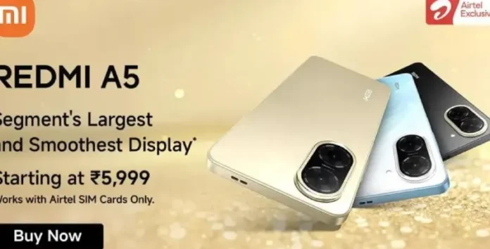 Redmi A5 Airtel Exclusive Edition smartphone dalam tiga warna Jaisalmer Gold, Just Black, dan Pondicherry Blue
