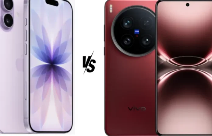 Ilustrasi perbandingan visual antara smartphone iPhone 17 dan Vivo X200 Ultra yang berdampingan
