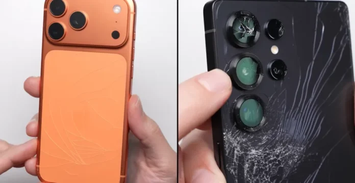 Ilustrasi uji ketahanan jatuh smartphone iPhone 17 Pro Max dan Samsung Galaxy S25 Ultra di permukaan kasar