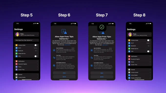 Proses instalasi Epic Games Store di perangkat iOS