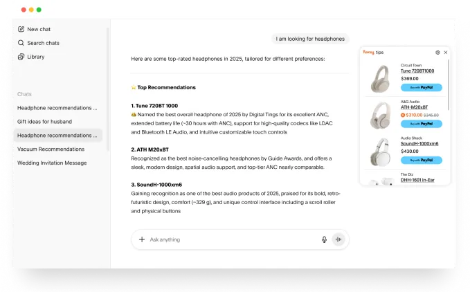 Ilustrasi PayPal Honey AI shopping assistant dengan chatbot dan rekomendasi produk