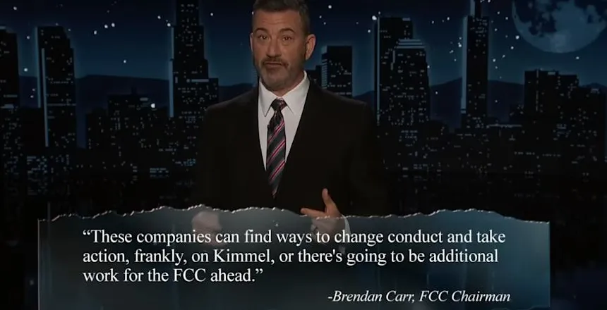 Still from a Jimmy Kimmel monologue. A threatening quote from FCC Chair Brendan Carr is overlaid at the bottom.