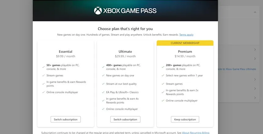 Menu untuk mengganti langganan yang ditampilkan Microsoft saat Anda mencoba mengelola langganan Game Pass