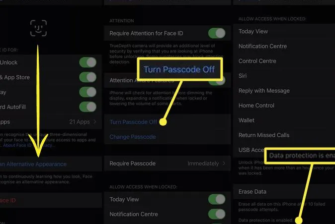 Face ID and Passcode settings with Turn Passcode Off and Data protection is enabled